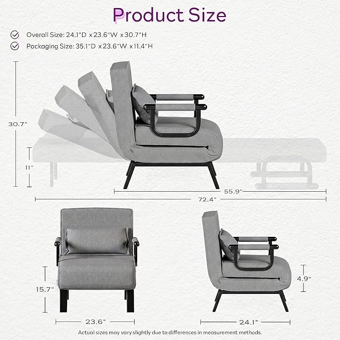 TYBOATLE Folding Chair Bed Comfy Convertible Sleeper Sofa 5 in 1 Folding Bed with 5-Position Adjustable Backrest &amp Pillow Floor Single Chairs Cozy Futon Chair for Small Spaces Office (Light G