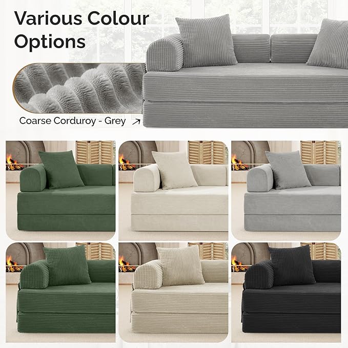 Convertible Coarser Corduroy Sleeper Sofa Bed with Cylindrical Pillow Folding Mattress Couch with Fixed-Shape Frame Floor Sofa Lounge Couch for Living Room Bedroom Lounge Studio Grey