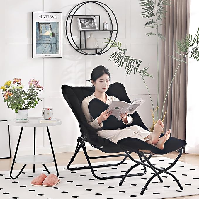 Comfy Saucer Chair with Ottoman Oversized Folding Faux Fur Chair Soft Furry Lazy Chair with Metal Frame Moon Chair Accent Chair for Bedroom Living Room Dorm Rooms Black