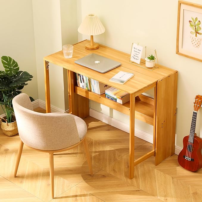 Bamboo Foldable Desk Small Folding Computer Desk with Hidden Storage Space Saving Study Table Fold Out Tables for Small Spaces Home Office Apartment (Natural)