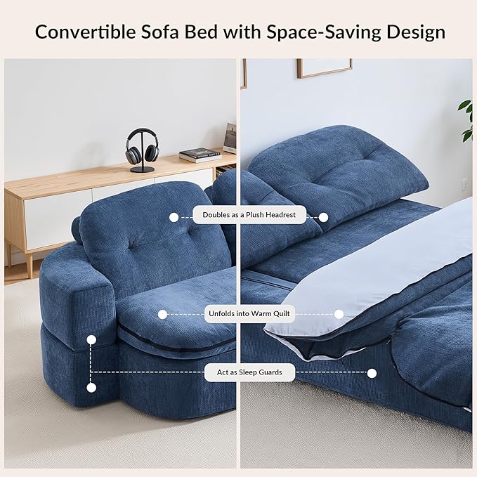 Kuahisoofa 78 Memory Foam Convertible Sofa Bed with Built-in Quilt Foldable Floor Couch Sleeper for Guests Room &amp Living Room Boneless Futon Cloud Sofa for Small Spaces Blue