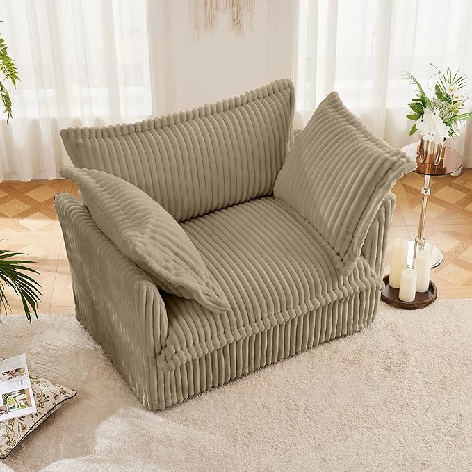 Aoowow Oversized Modular Sectional Sofa Chair 49” Corduroy Fabric Single Armchair Comfy Deep Seat Couch Sofa with Big Toss Pillows for Living Room Apartment Office(Camel-Corduroy)
