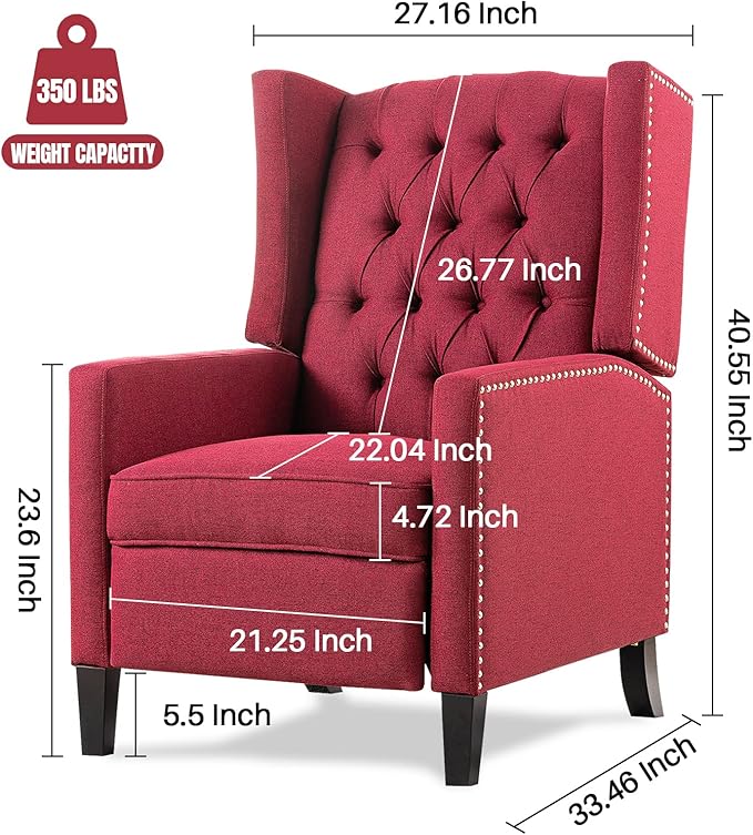 Recliner Chair for Adults Red Fabric Accent Chairs Living Room Mid-Century Modern Recliner Button Tufted Club Chair Upholstered Vintage Reclining Reading Arm Chair 27 Wide