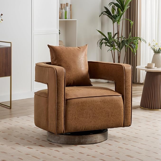 Mlmh &amp Kngwa 29 W Swivel Accent Barrel Chair Set of 2 Mid Century Modern PU Leather Round Arm Chair for Living Room BedroomBrown