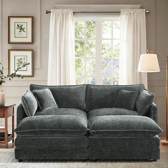 76.7” Modular Sectional Sofa U-Shaped Convertible Couches 2 Seater Chenille Deep Seat Cloud Couch with Pillows and 2 Ottomans for Living Room Apartment Office(Dark Grey)