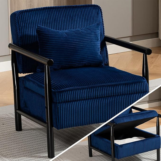 Blue Accent Chair with Storage 24 W Mid Century Modern Chair with Cushion Upholstered Corduroy Reading Chair with Wooden Legs Comfy Arm Chairs for Living Room Bedroom (Blue)