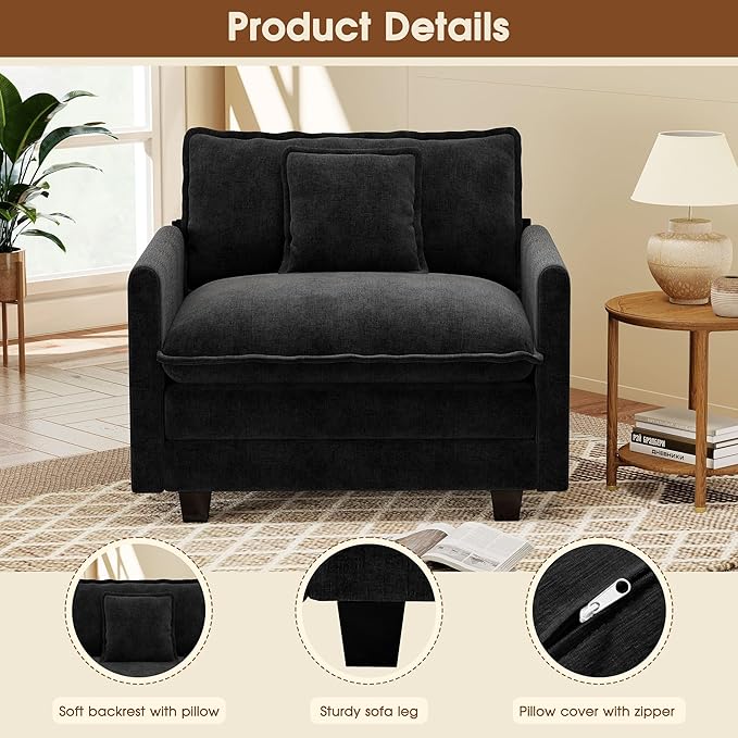 Hanherry 41.8” Oversized Accent Chair Chenille Single Sofa Chair for Living Room Modern Upholstered Reading Chair Deep Seat Comfy Armchair with Pillow for Bedroom and Apartment Black