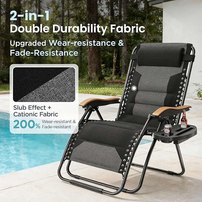 PHI VILLA XXL Oversized Padded Zero Gravity Chair Foldable Patio Recliner 30 Wide Seat Anti Gravity Lounger with Cup Holder Support 400 LBS (Black 1Pcs)