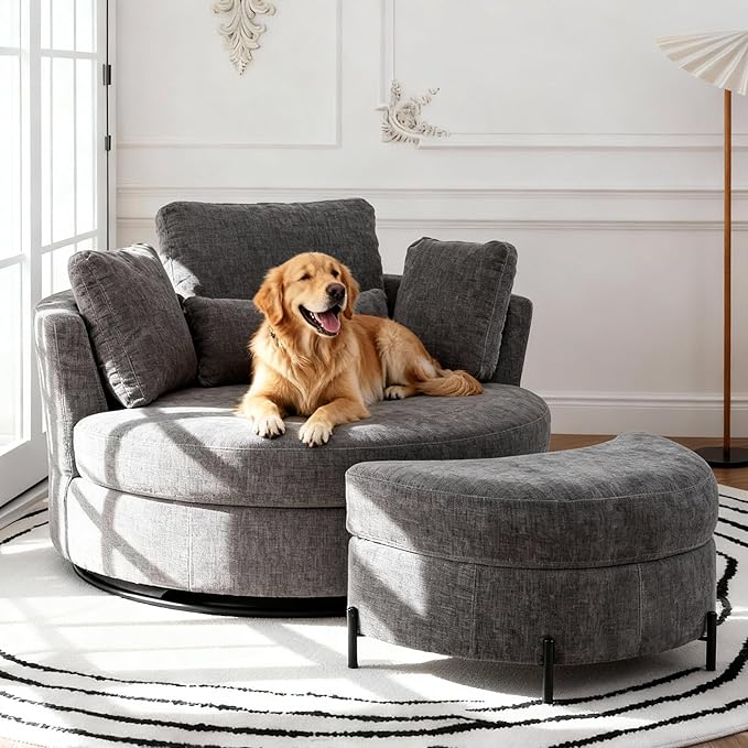 Aoiy &amp Wifon 50'' W Oversized Swivel Barrel Chair with Storage Ottoman Gray Round Accent Chair with Half Moon Ottoman for Living Room Deep Seat &amp Extra Wide Chenille