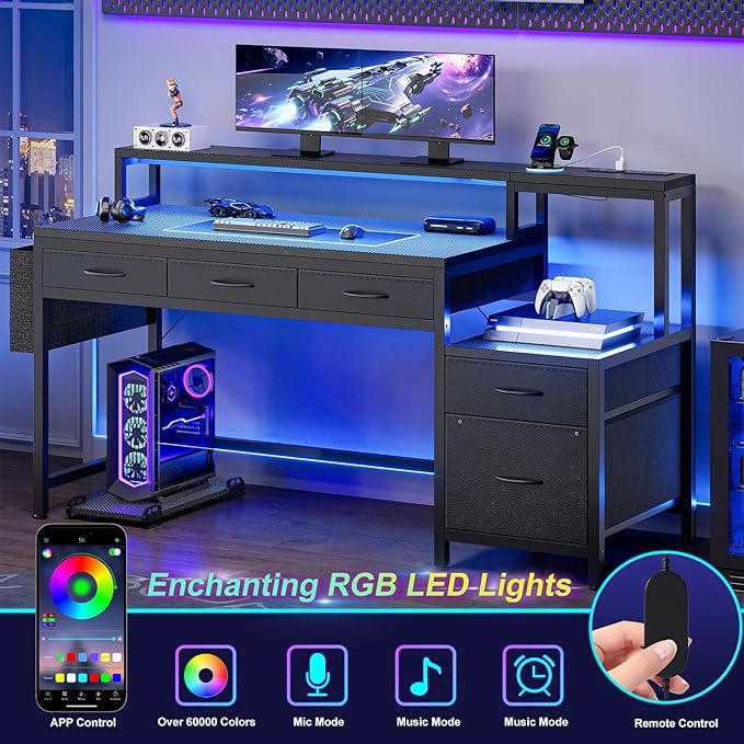 REAHOME 61 Inch Gaming Desk with Charging Station and LED Lights Reversible Computer Desk with Storage Drawer and Monitor Stand Modern Desk Table with File Cabinet &amp Side Pocket Carbon Fiber Bl