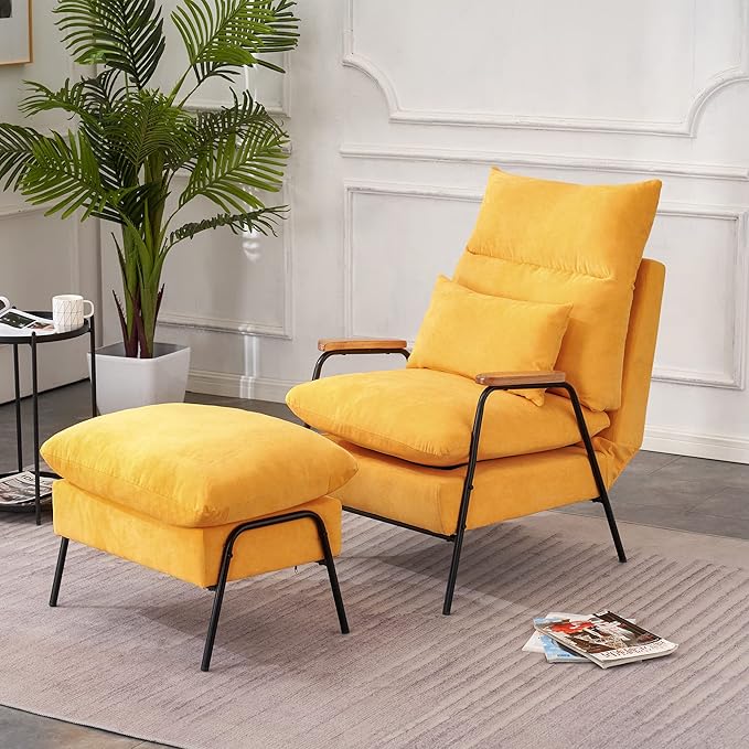 MCombo Accent Recliner Chair with Ottoman Modern Linen Fabric Armchair Upholstered Sofa Bed for Living Room Bedroom Small Space 4055 (Yellow)