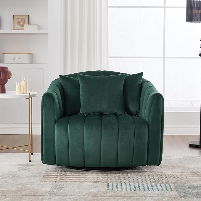 KEIKI 360 Swivel Chair Oversized - Velvet Barrel Accent Chair with Pillows Tufted Mid-Century Modern Armchair for Living Room Office Bedroom - Green Upholstery