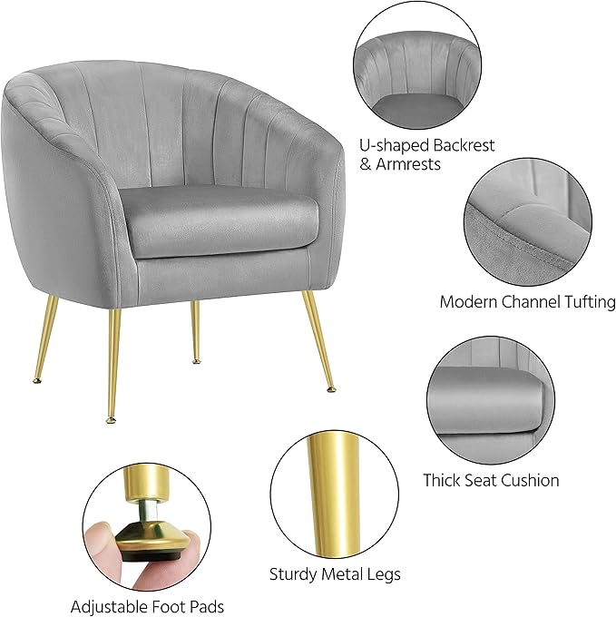 Yaheetech Modern Vanity Chair Velvet Soft Accent Chair with Gold Metal Legs Tufted Armchair Chaise Lounge for Living Room/Bedroom Gray