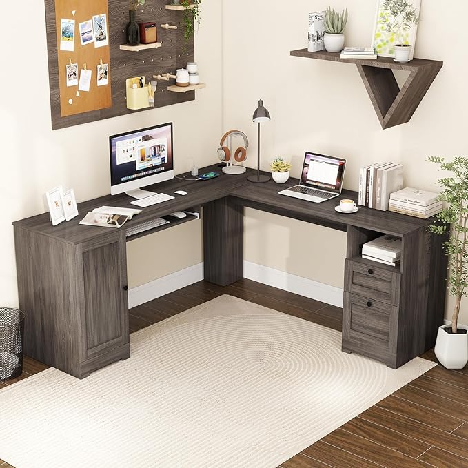 Tangkula 66” x 66” L-Shaped Office Desk with Power Outlets Modern Home Office Computer Desk with 2 Drawers Cabinet Adjustable Shelf &amp Keyboard Tray Corner Executive Desk for Working Writing
