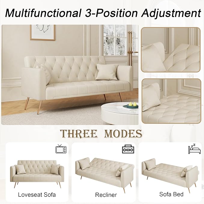 71 Futon Sofa Bed VelvetConvertible Sleeper Sofa CouchModern Folding Futonwith 3 Adjustable Backrests and 2 Pillowsfor Small Living Room Bedroom Office (Beige)