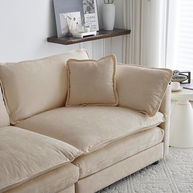 KEIKI 112 Oversized Chenille Modular Cloud Sectional Sofa with 3 Ottoman High-Density Foam Cushion Modern Style 3-Seater Fluffy Corner Couch with 5 Pillow for Apartment Living Room Beige