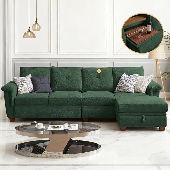 108 Sectional Sofa Convertible L Shaped Sofa with Ottoman and Large Storage 4 Seat Sectional Couch with Cup Holder Couches for Living Room Apartment Office (Green)