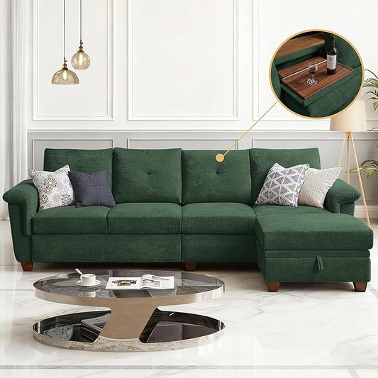 108 Sectional Sofa Convertible L Shaped Sofa with Ottoman and Large Storage 4 Seat Sectional Couch with Cup Holder Couches for Living Room Apartment Office (Green)