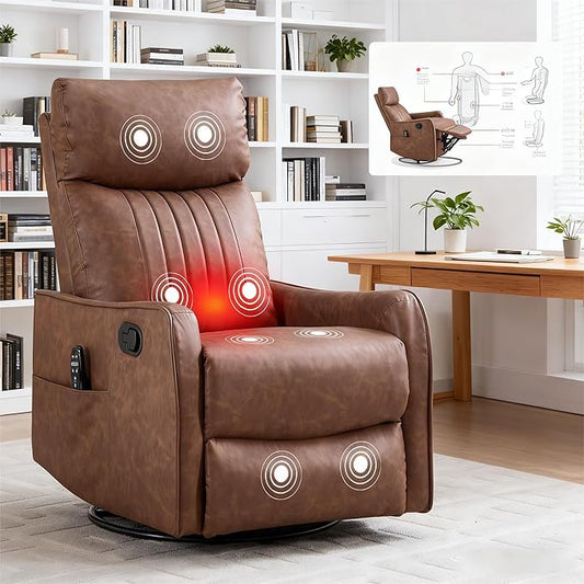 Light Brown 360° Swivel Rocker Recliner Chair Massage Reclining Chair with 8-Point Vibration &amp Lumbar Heat for Adults Elderly 155° Recline Easy Assembly for Living Room