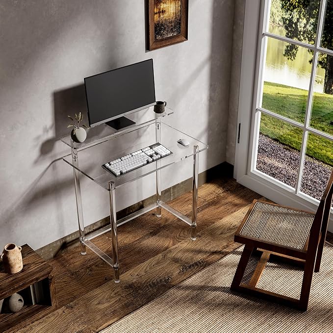 Eglaf Acrylic Desk - Home Office Desk with Monitor Stand - Modern Clear Desk Study Writing Table Computer Desk for Office Living Room Bedroom 31.5 L x 19.7''W x 34.7 H