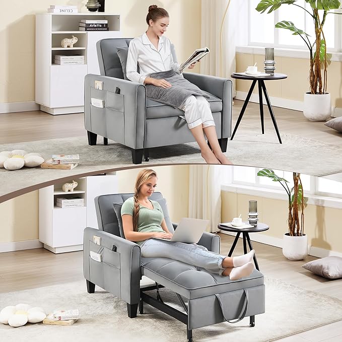 Convertible Sleeper Chair 3 in 1 Sleeper Chair Bed Velvet Pull Out Sofa Bed Chairs Single Sofa Beds with Adjustable Backrest for Adults Reading Living Room Bedroom Dark Grey