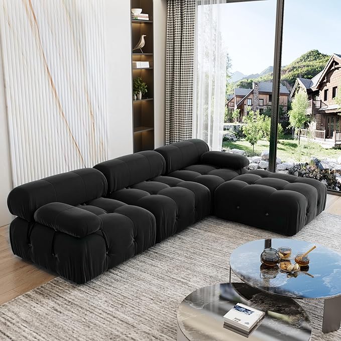 WJShome Modular Sectional Sofa with Ottoman103.95 inch Convertible Sofa Couch with Reversible ChaiseVelvet L Shaped Minimalist Couch for Living Room Modern Large Free CombinationBlack