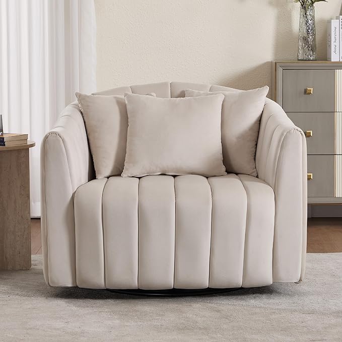 Mlmh &amp Kngwa 40.35 W Swivel Accent Chairs Oversized 360 Degree Swivel Barrel Chair with 3 Pillows Velvet Armchair for Living Room Bedroom Beige