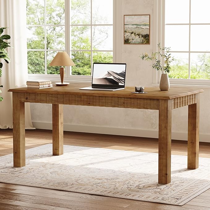 63-Inch Computer Desk Solid Wood Home Office Desk with Sturdy Wooden Legs Rustic Large Computer Office Table for Writing Reading Study Brown