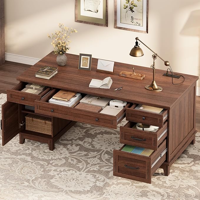 60 Executive Desk with Power Outlet Home Office Desk with Drawers Wooden Work Desk with File Cabinet Computer Desk for Work Study Writing Brown