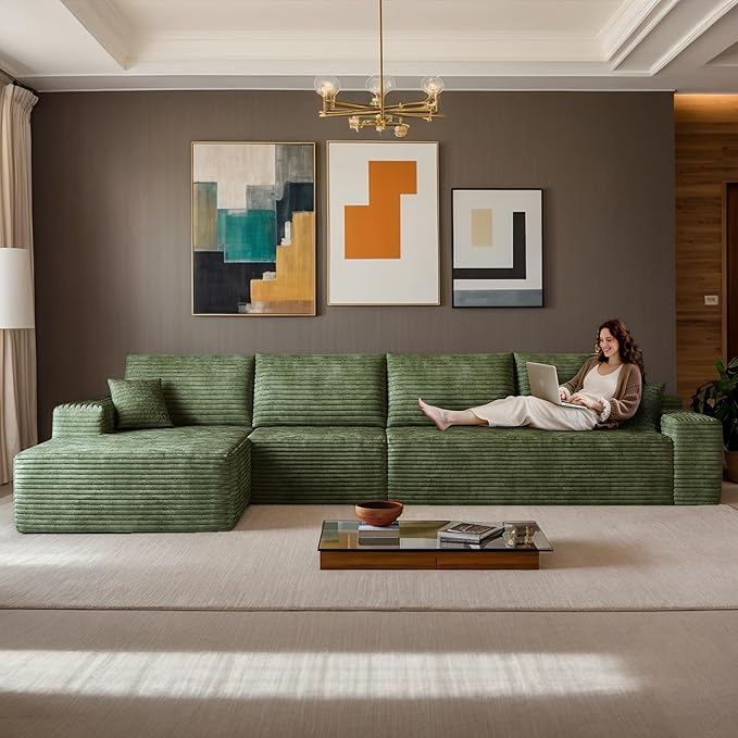 135 Corduroy Boneless Sectional Couch with Chaise No Assembly Required L Shaped Modular Sectional Sofa Upholstered Boneless Couches for Living Room Bedroom (Green 4 Seater+Left Facing Chaise) | C