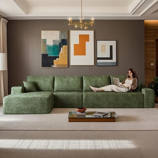 135 Corduroy Boneless Sectional Couch with Chaise No Assembly Required L Shaped Modular Sectional Sofa Upholstered Boneless Couches for Living Room Bedroom (Green 4 Seater+Left Facing Chaise) | C