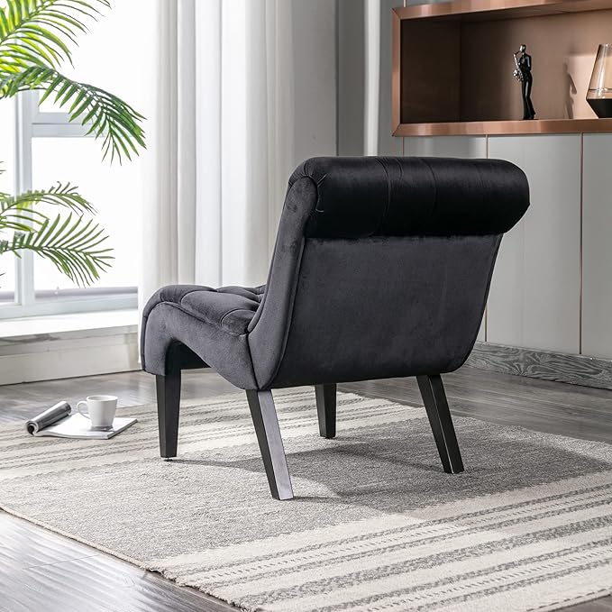 Yoluckea Modern Upholstered Accent Chair S-Shape Armless Lounge Chair for Bedroom Living Room Comfy Velvet Chaise Chairs with Button Tufted Back and Solid Wood Legs Black