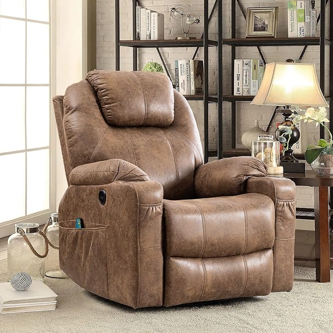 Manual 360 Degree Swivel Glider Rocker Recliner Chair with Massage and Heat 2 USB Ports 2 Front Pockets 2 Side Pockets and 2 Cup Holders Bronze Suede Fabric (Brown)