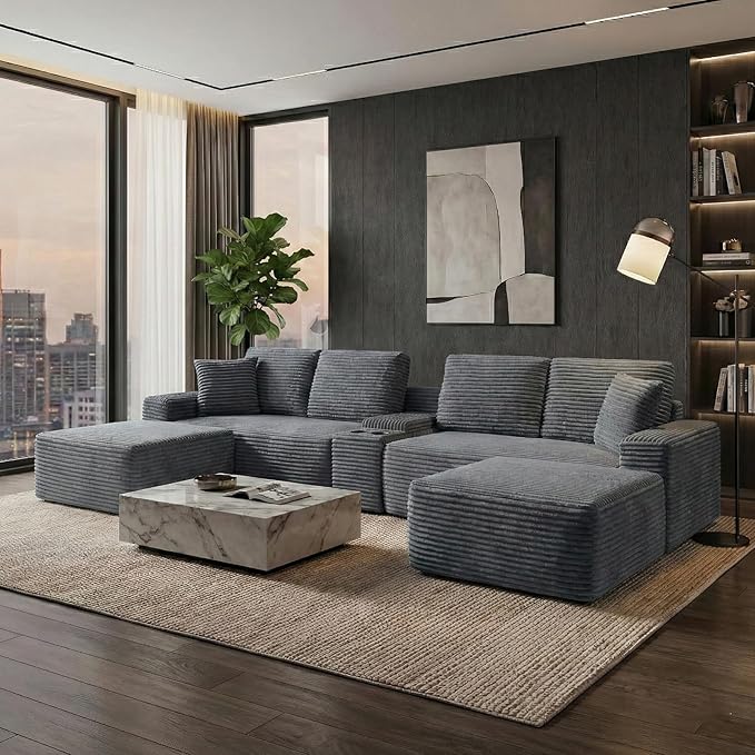 151 U-Shaped Sectional Couch 6-Seater Oversized Modular Sectional Sofa with USB Port &amp Storge Console Modern Corduroy Boneless Cloud Couch for Living Room No Assembly RequiredGray