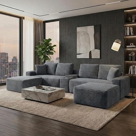 151 U-Shaped Sectional Couch 6-Seater Oversized Modular Sectional Sofa with USB Port &amp Storge Console Modern Corduroy Boneless Cloud Couch for Living Room No Assembly RequiredGray