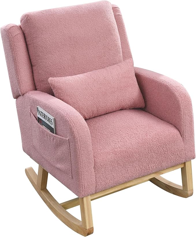 YAFF 27.5 W Modern Accent High Back Living Room Casual Armchair Rocker with One Lumbar Pillow Two Side PocketsTeddy-642