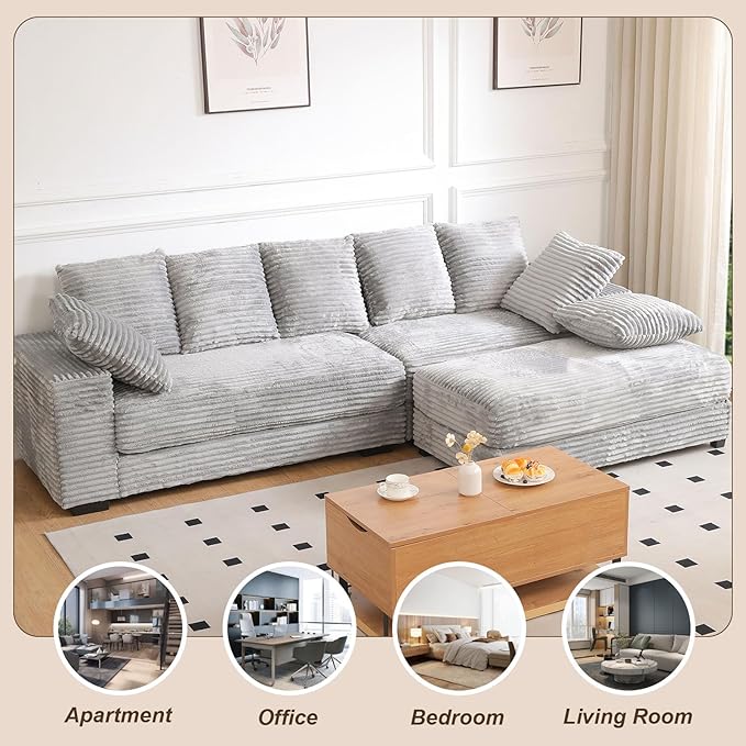 108 Oversized Sectional Sofa Modular Deep Seat Sofa Couch with Storage Ottoman Upholstered Comfy Cloud Couches with 8 Pillows Modern L-Shaped Corduroy Sofa Chaise for Living Room Apartment Gray