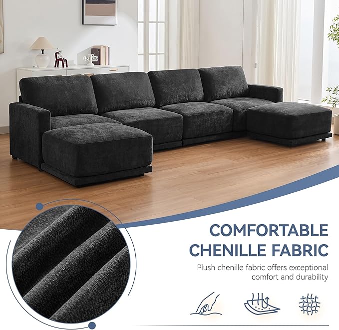 44.2 Oversized Sofa Chair with Ottoman Upholstered Accent Chair with Thick Cushions Single Sofa Lounge Chenille Comfy Reading Chair for Living Room Easy Assembly Black