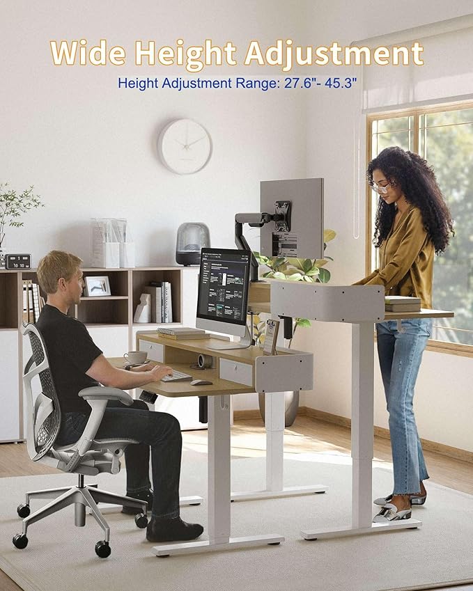 YIHAYO Electric Standing Desk with Drawers 40 x 24 Inches Adjustable Desk with Storage Shelf Stand Up Desk with Splice Board Computer Table for Home Office White Frame/Natural Top
