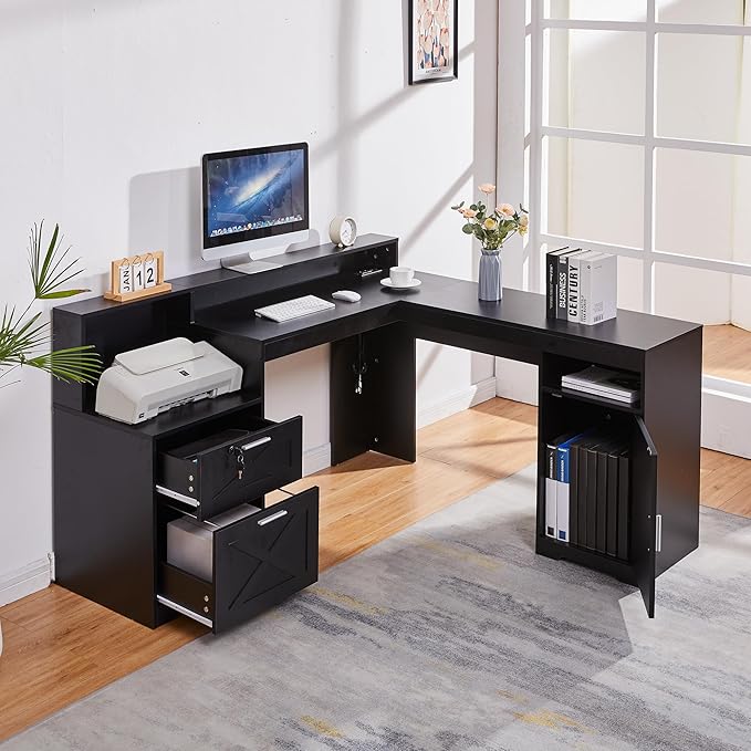 60 L Shaped Executive Desk with Printer SpaceCorner Computer Desk with Power OutletsLockable Drawers &amp Adjustable File CabnetL Shaped Office Desk with Monitor Stand (Black)