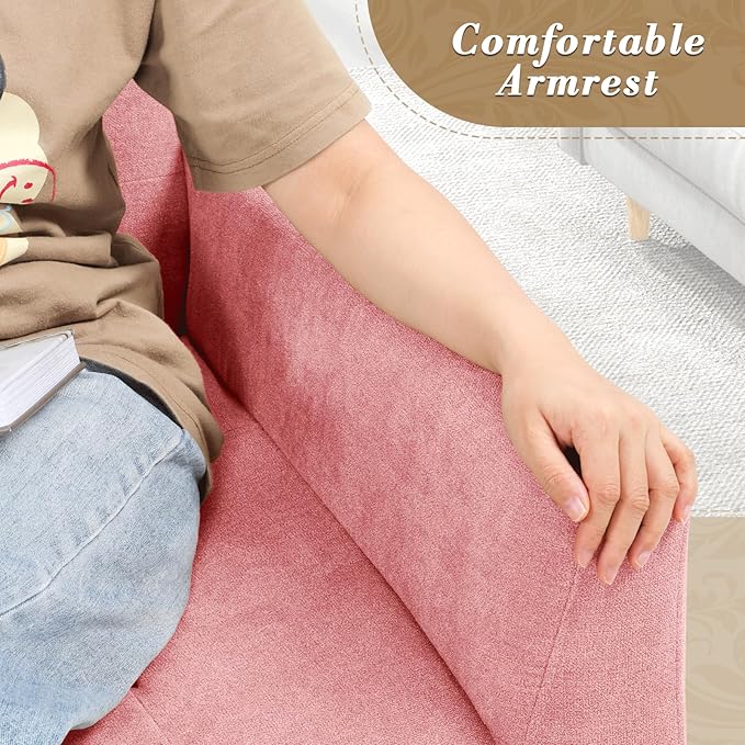 Athena Collection Wingback Accent Chair for Living Room Comfy Linen Fabric Upholstered Reading Chair for Adults Single Sofa Armchair for Bedroom Dorm Balcony Pink