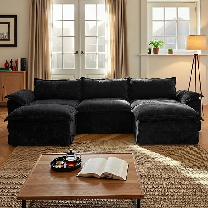 Claiks 123 Modular Boneless Couch U Shaped Couch for Living Room Modern Deep Seat Sofa 3 Seater Chenille Fabric Comfy Cloud Couches with Movable Ottoman Black