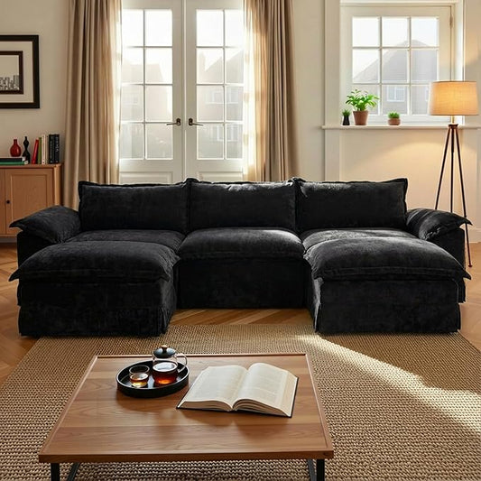 Claiks 123 Modular Boneless Couch U Shaped Couch for Living Room Modern Deep Seat Sofa 3 Seater Chenille Fabric Comfy Cloud Couches with Movable Ottoman Black