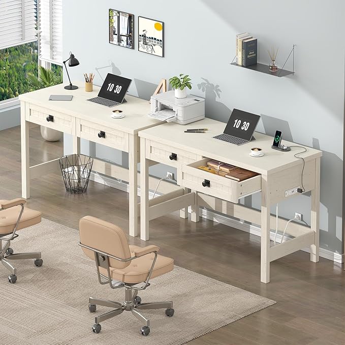 Farmhouse Computer Desk with 2 Drawers 39 Inch Small Office Computer Desk with Power Outlets Compact Writing Study Vanity Desk for Small Spaces White