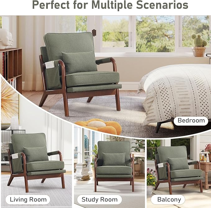 ANJ Mid Century Modern Accent Chair Lounge Reading Armchair with Extra Side Pocket &amp Detachable Cushion Comfy Fabric Accent Chairs for Living Room BedroomGreen