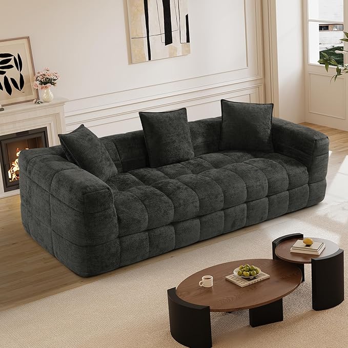 89.8 Chenille Cloud Sofa Couch with 3 Soft PillowsComfy Upholstered Chenille 3 Seater LoveSeat SofaModern Deep Seat Sherpa Cloud Couch Oversized Love Seat for Living RoomBlack Grey