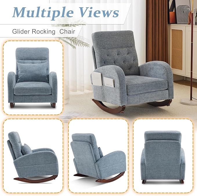 VINGLI Chenille Low Seat Nursery Rocking ChairUpholstered Comfy Rocker Glider Chair with Side Pockets Accent Arm Chair with High BackrestSolid Wood Base for Living Room Bedroom BalconyBlue