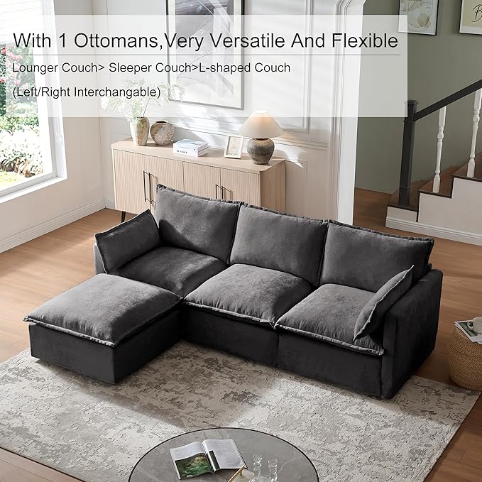 93'' Cloud Modular Sectional Couch with Convertible Removable Ottoman Oversized L Shape Sofa Deep Seat Sofa with Throw Pillows for Living Room Bedroom Apartment (Gray)