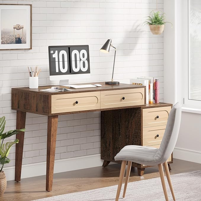 Tribesigns 51-Inch Computer Desk with 5 Drawers Rustic Brown Office Desk with Reversible Drawer Cabinet Wooden Study Writing Table Workstation with Storage for Small Spaces