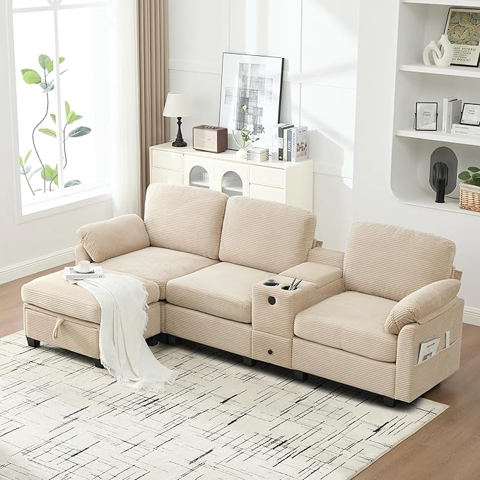 KEIKI 105 L-Shaped Oversized Corduroy Modular Sectional Sofa with 1 Ottoman and Multi Functional Console 4-Seater Upholstered Couch with USB and 2 Cup Holder Easy Assembly for Living Room Khaki